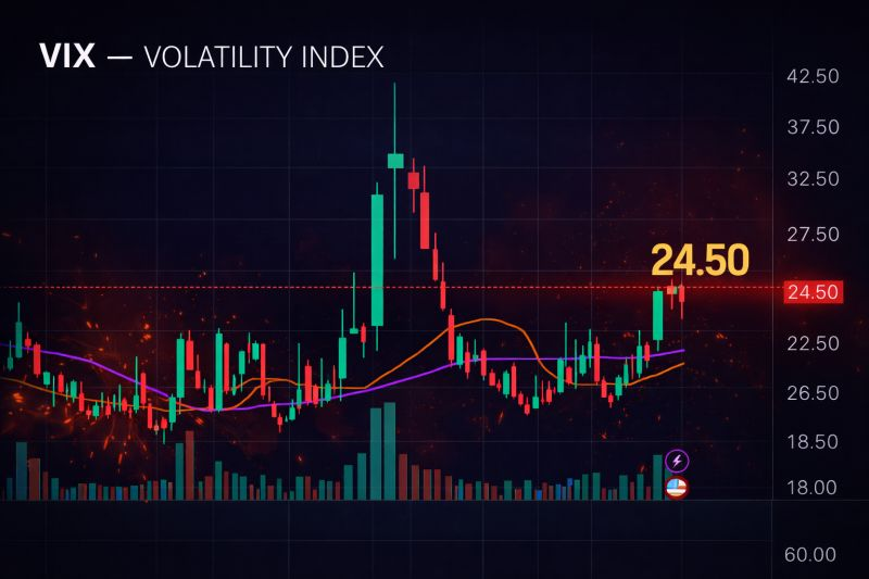 The VIX volatility index trading at 24.50, above its moving averages